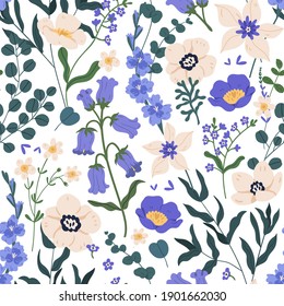 Gorgeous seamless floral pattern with bluebells and forget-me-nots. Endless design with delicate wild flowers for printing and decoration. Repeatable botanical backdrop. Color flat vector illustration