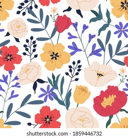 Gorgeous seamless floral pattern with eucalyptus, peony and roses. Repeatable botanical backdrop with elegant flowers for printing and decoration. Flowery design. Colorful flat vector illustration