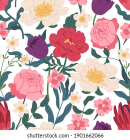 Gorgeous seamless floral pattern with peony roses, tulips and eucalyptus. Endless design with elegant spring flowers for printing. Repeatable botanical backdrop. Colorful flat vector illustration