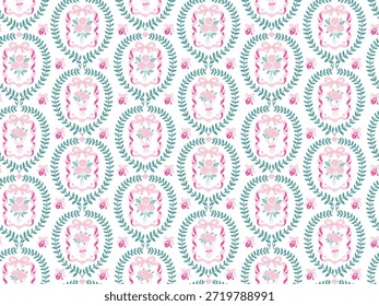 A gorgeous, seamless floral wreath pattern with an elegant pink bow and green leaf design, suitable for wedding invitations, high-end packaging, fabric design, e-invitations, social media templates