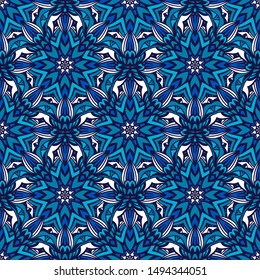 Gorgeous seamless patchwork pattern from blue and white oriental tiles, ornaments. Can be used for wallpaper, backgrounds, decoration for your interior design, ceramic, page fill and more.