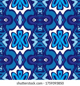 Gorgeous seamless patchwork pattern from blue oriental tiles. Turkish ornament. Moroccan mosaic. Spanish porcelain Ceramic tableware, folk print. Spanish blue seamless wallpaper.