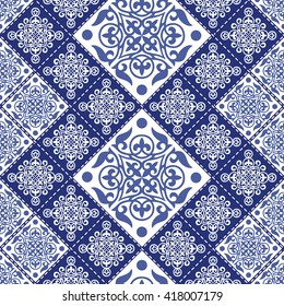 Gorgeous seamless patchwork pattern from blue and white Moroccan tiles, ornaments. Can be used for wallpaper, pattern fills, web page background,surface textures.