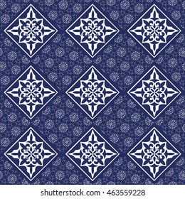 Gorgeous seamless patchwork pattern from blue and white tiles, ornaments. Can be used for wallpaper, pattern fills, web page background,surface textures.