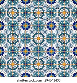 Gorgeous seamless patchwork pattern from colorful Moroccan tiles, ornaments. Can be used for wallpaper, pattern fills, web page background, surface textures. 