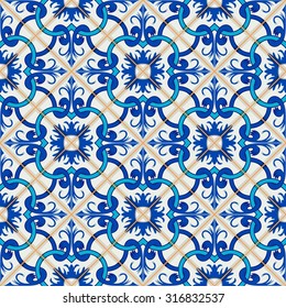 Gorgeous seamless patchwork pattern from dark blue and white Moroccan, Portuguese  tiles, Azulejo, ornaments. Can be used for wallpaper, pattern fills, web page background,surface textures. 