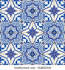 Gorgeous seamless patchwork pattern from dark blue and white Moroccan, Portuguese  tiles, Azulejo, ornaments. Can be used for wallpaper, pattern fills, web page background,surface textures. 