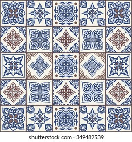 Gorgeous seamless patchwork pattern from dark blue and beige Moroccan tiles, ornaments. Can be used for wallpaper, pattern fills, web page background,surface textures.