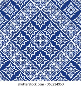 Gorgeous seamless patchwork pattern from dark blue and white Moroccan tiles, ornaments. Can be used for wallpaper, pattern fills, web page background,surface textures.