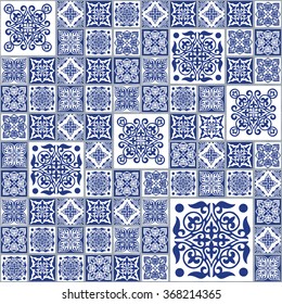 Gorgeous seamless patchwork pattern from dark blue and white Moroccan tiles, ornaments. Can be used for wallpaper, pattern fills, web page background,surface textures.