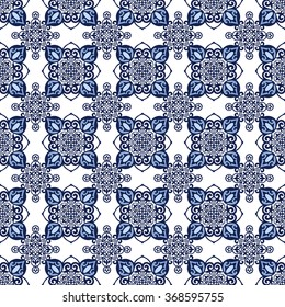 Gorgeous seamless patchwork pattern from dark blue and white Moroccan tiles, ornaments. Can be used for wallpaper, pattern fills, web page background,surface textures.