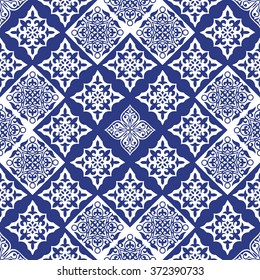 Gorgeous seamless patchwork pattern from dark blue and white Moroccan tiles, ornaments. Can be used for wallpaper, pattern fills, web page background,surface textures.