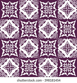 Gorgeous seamless patchwork pattern from dark blue and beige Moroccan tiles, ornaments.