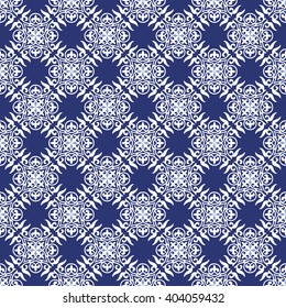 Gorgeous seamless patchwork pattern from dark blue and white Moroccan tiles, ornaments. Can be used for wallpaper, pattern fills, web page background,surface textures.