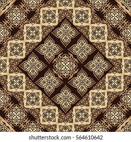 Gorgeous seamless patchwork pattern from gold tiles. Islam, Arabic, Indian, ottoman motifs. Perfect for printing on wallpaper, fabric, paper. Hand drawn gold patterns