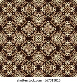 Gorgeous seamless patchwork pattern from gold tiles. Islam, Arabic, Indian, ottoman motifs. Perfect for printing on wallpaper, fabric, paper. Hand drawn gold vector patterns