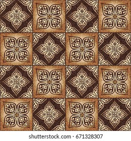 Gorgeous seamless patchwork pattern from gold tiles. Islam, Arabic, Indian, ottoman motifs. Perfect for printing on wallpaper, fabric, paper. Hand drawn gold patterns