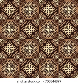 Gorgeous seamless patchwork pattern from gold tiles. Islam, Arabic, Indian, ottoman motifs. Perfect for printing on wallpaper, fabric, paper. Hand drawn gold patterns