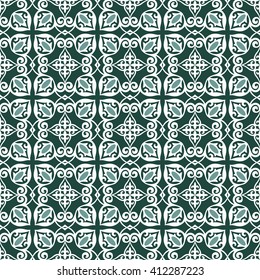 Gorgeous seamless patchwork pattern from green and white Moroccan tiles, ornaments. Can be used for wallpaper, pattern fills, web page background,surface textures.