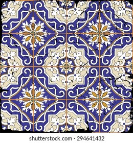 Gorgeous seamless patchwork pattern from grunge Moroccan tiles, ornaments. Can be used for wallpaper, pattern fills, web page background,surface textures. Grunge effects can be removed.