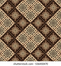 Gorgeous seamless patchwork pattern from tiles. Islam, Arabic, Indian, ottoman motifs. Perfect for printing on wallpaper, fabric, paper. Hand drawn gold patterns.