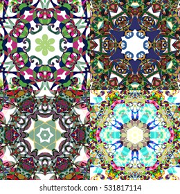 Gorgeous seamless patchwork patterns. Colorful floral ornament tiles. For different design uses, as wallpaper, pattern fills, web page background, surface textures for print and dalle production.
