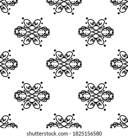 
Gorgeous seamless pattern of abstract black calligraphic curls, ornaments on a white background. Vintage prints in flat style. Stock vector illustration for decoration and design, fabric.