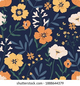 Gorgeous seamless pattern with anemones on black background. Floral design with elegant flowers for printing and decoration. Repeatable botanical backdrop. Colorful flat vector illustration