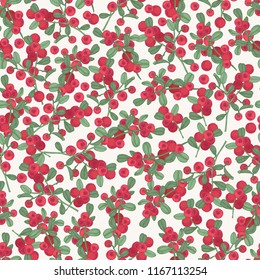 Gorgeous seamless pattern with arctic lingonberry on white background. Backdrop with boreal forest berry. Realistic vector illustration in antique style for fabric print, wallpaper, wrapping paper.