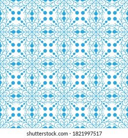 Magnífico patrón impecable de copos de nieve azules sobre un fondo blanco. Elementos decorativos de invierno, diseño plano para tarjetas, papel envolvente, tela, papel pintado y más. Ilustración vectorial de acciones