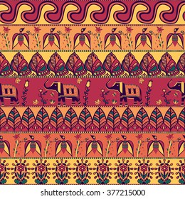 Gorgeous seamless pattern in the bohemian style. Tribal print with hand drawn elements: birds, elephants, flowers, leaves, and more. Repeating ethnic background. Indian, arabic, african motif. Vector