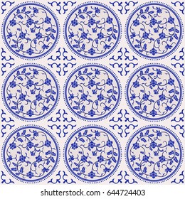 Gorgeous seamless pattern of Chinese tiles. Floral stylish background in shades of blue.