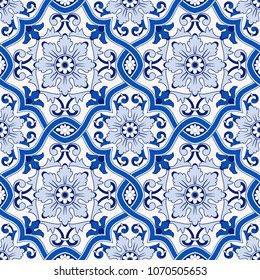 Gorgeous seamless pattern from dark blue and white Moroccan, Portuguese tiles, Azulejo, ornaments. Can be used for wallpaper, pattern fills, web page background,surface textures