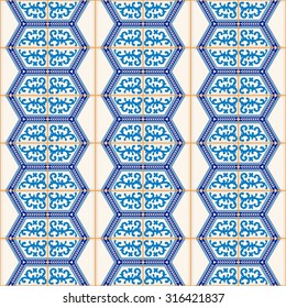 Gorgeous seamless  pattern from dark blue and white Moroccan, Portuguese  tiles, Azulejo, ornaments. Can be used for wallpaper, pattern fills, web page background,surface textures. 