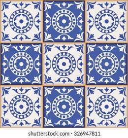Gorgeous seamless  pattern from dark blue and white Moroccan, Portuguese  tiles, Azulejo, ornaments. Can be used for wallpaper, pattern fills, web page background,surface textures. 
