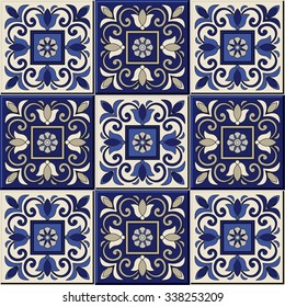 Gorgeous seamless  pattern from dark blue and white Moroccan, Portuguese  tiles, Azulejo, ornaments. Can be used for wallpaper, pattern fills, web page background,surface textures. 