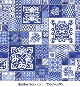 Gorgeous seamless pattern from dark blue  Moroccan tiles, ornaments. Vector patchwork pattern with geometric and floral  ornaments. 