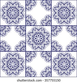 Gorgeous seamless pattern from dark blue  Moroccan tiles, ornaments. Vector patchwork pattern with geometric and floral  ornaments. 