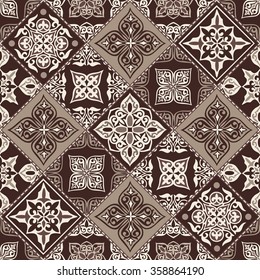 Gorgeous seamless pattern from dark blue  Moroccan tiles, ornaments. Vector patchwork pattern with geometric and floral  ornaments. 