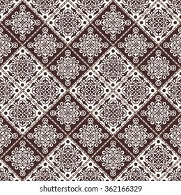 Gorgeous seamless pattern from dark blue  Moroccan tiles, ornaments. Vector patchwork pattern with geometric and floral  ornaments. 