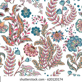 Gorgeous seamless pattern in ethnic traditional style. The great pattern of hand draw fantasy flowers pattern. Vector