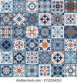 Gorgeous seamless pattern in a fashionable color palette Moroccan, Portuguese tiles, Azulejo, ornaments. Can be used for wallpaper, pattern fills, web page background, surface textures. Vector