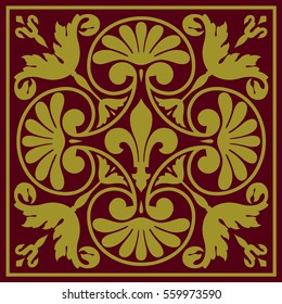 Gorgeous seamless pattern from gold and carmine Moroccan, Portuguese tiles,  ornaments. Can be used for wallpaper, pattern fills, background,surface textures.
