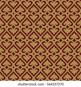 Gorgeous seamless pattern from gold and carmine Moroccan, Portuguese tiles, ornaments. Can be used for wallpaper, pattern fills, background,surface textures.