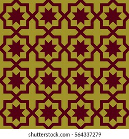 Gorgeous seamless pattern from gold and carmine Moroccan, Portuguese tiles, ornaments. Can be used for wallpaper, pattern fills, background,surface textures.