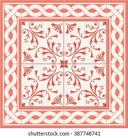 Gorgeous seamless  pattern from Peach stylish color. Floral Turkish, Moroccan, Portuguese  Azulejo tiles and border, ornaments.  Islamic Art.