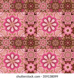 Gorgeous seamless  pattern from pink and brown Moroccan, Portuguese  tiles, Azulejo, ornaments. Can be used for wallpaper, pattern fills, web page background,surface textures.