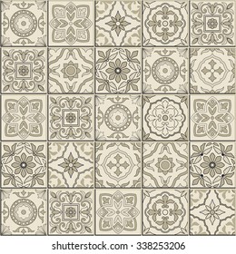 Gorgeous seamless  pattern from sepia white Moroccan, Portuguese  tiles, Azulejo, ornaments. Can be used for wallpaper, pattern fills, web page background,surface textures. 