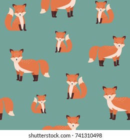 Gorgeous seamless pattern with sitting and standing red cute fox on green background. Backdrop with funny cartoon forest animal. Vector illustration for fabric print, wallpaper, wrapping paper.


