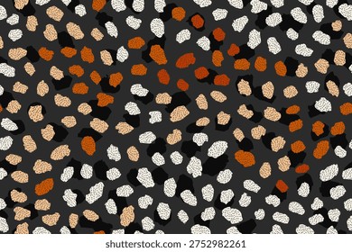 Gorgeous seamless pattern three-color leopard animal skin camouflage. The pattern is made up of groups of rounded spots. Tribal elements, trend seamless pattern for fashion, background,